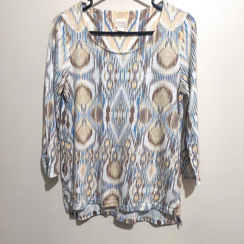 Chico's Women 0/US 4 Pullover Tee 3/4 Sleeves Lightweight Scoop Neck High‎ Low